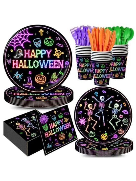Other - 168pcs Halloween Plates Napkins Party Supplies Neon Black Party Decorations |